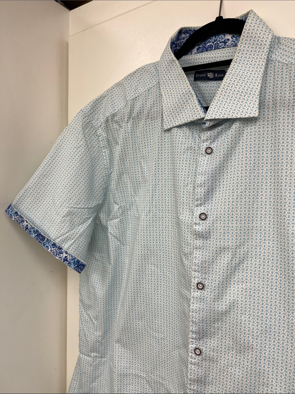 Stone Rose Light Blue paisley polka dot Short-Sleeve Button-Down Shirt Men XXL